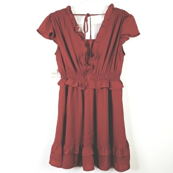 One One Six New with tags Deep Red Ruffle trim V-neck Fit and Flare Dress xs - Picture 2 of 11